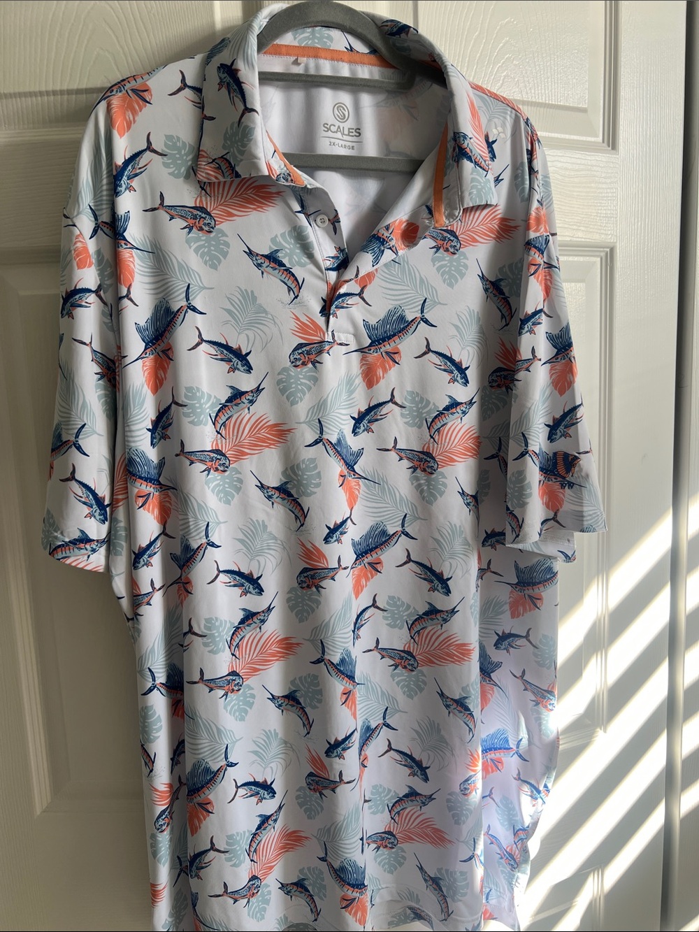 Scales Men’s White Polo with Navy and Coral Fish Print